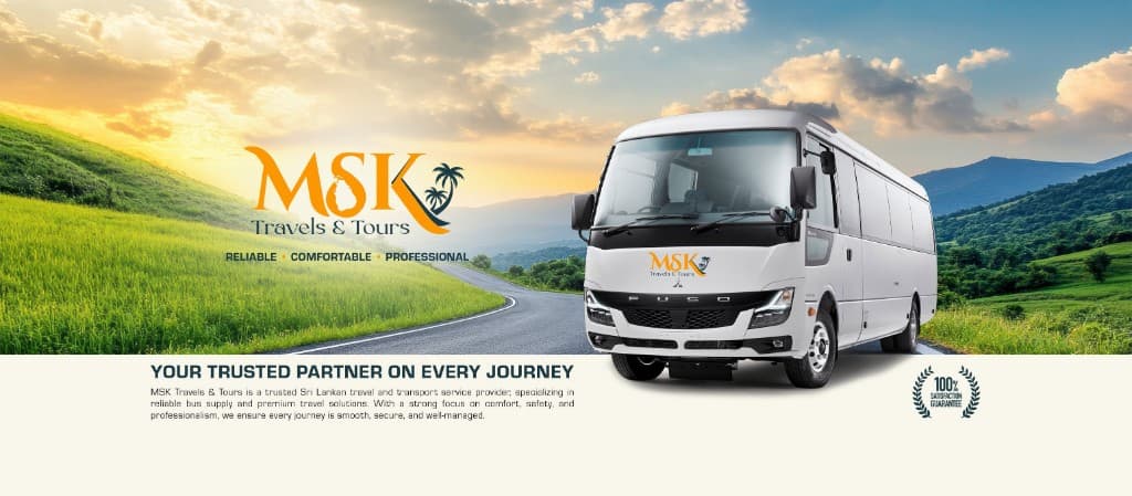 MSK Travels bus on a scenic Sri Lankan road